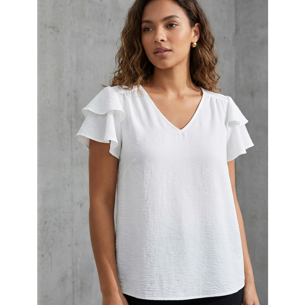 Olivia & Martin White Ruffle Sleeve V-Neck Blouse Minimalist Top Size M